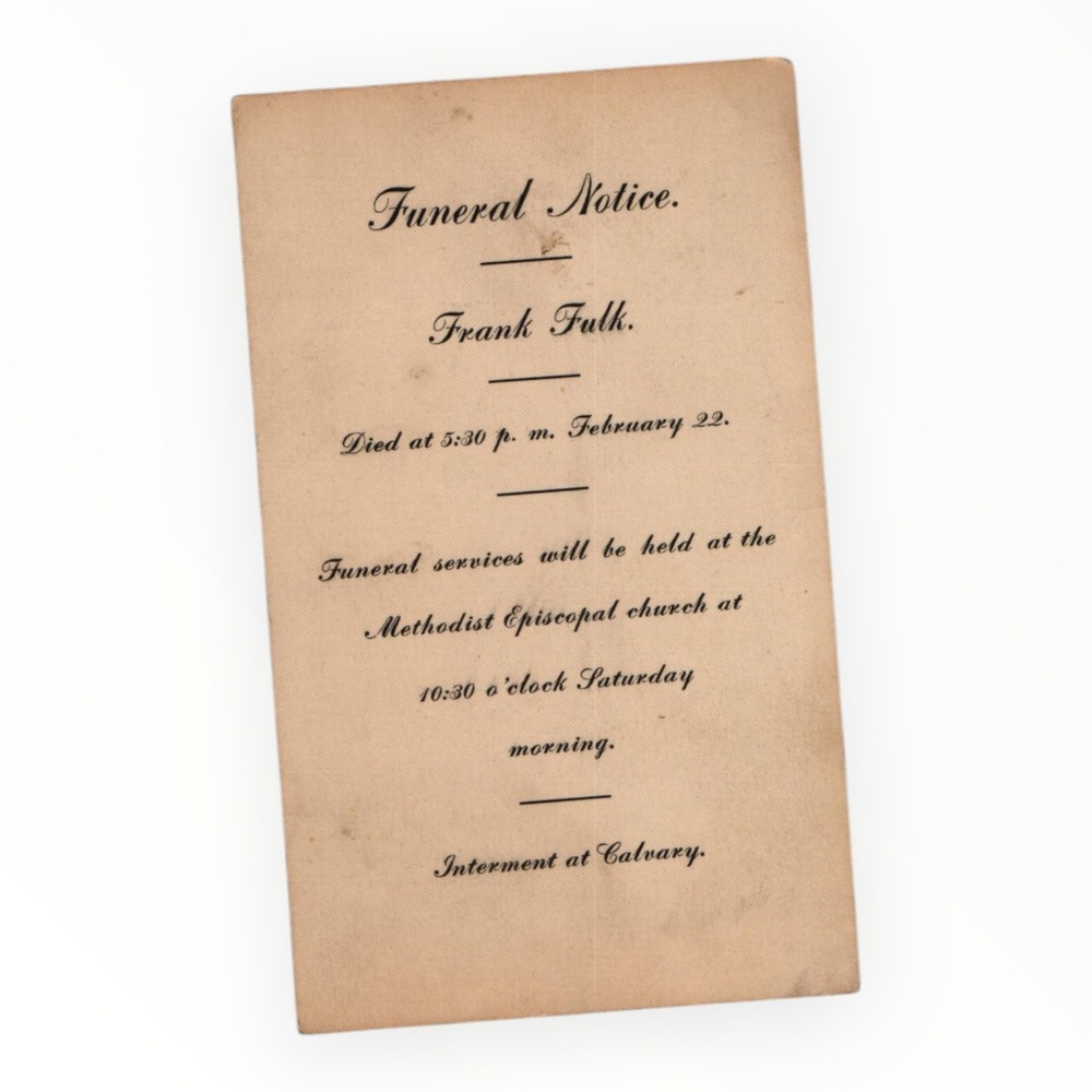 Antique‎ Funeral Notice Frank Fulk Methodist Episcopal Church Ephemera